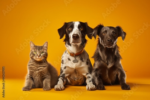 a dog with a cat on a yellow background. Pet concept. generative ai.