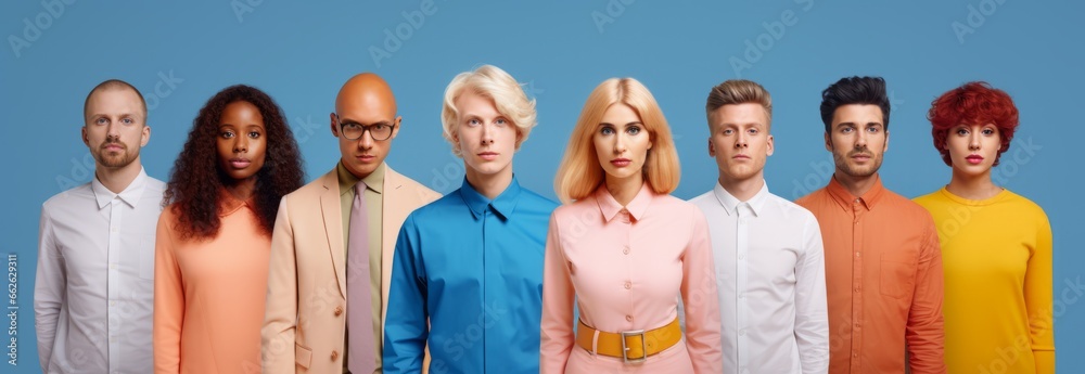 Obraz premium girls and boys stylishly dressed on a blue background. The concept of stylish people. generative ai.