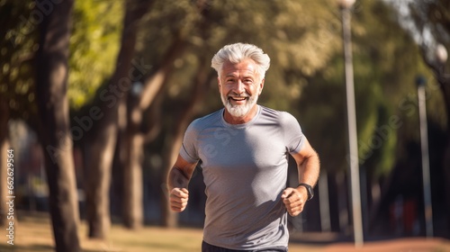 Elderly Fitness Lifestyle - Happy Senior Citizen Enjoying a Park Run 