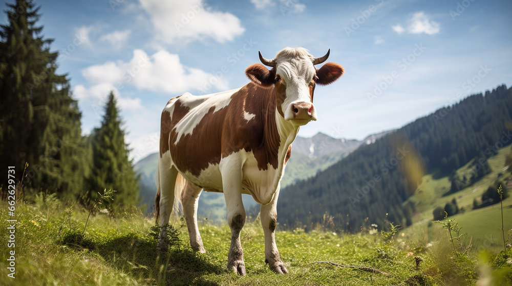 brown and white domestic cow standing on a green field in the mountains on a sunny summer day