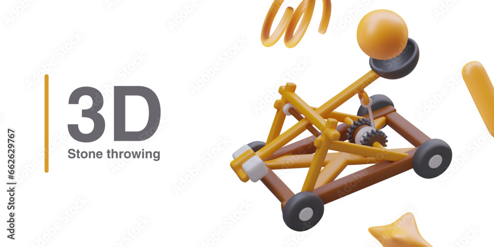 Catapult for online computer game. Stone throwing game. Protect your town with weapon. Vector illustration with white background in yellow colors and place for text Catapult for online computer game. Stone throwing game. Protect your town with weapon. Vector illustration with white background in yellow colors and place for text