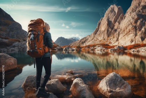 A girl in mountain gear in front of a mountain lake in the mountains. Travel concept. generative ai.