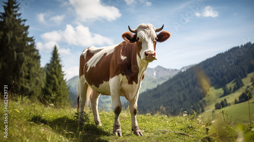 brown and white domestic cow standing on a green field in the mountains on a sunny summer day