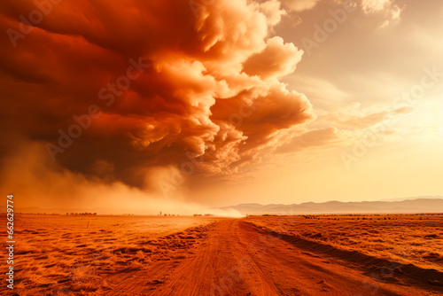 Dirt road in the middle of desert under cloudy sky.