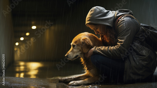 Sad golden retriever dog and a woman sitting outside in the rain photo