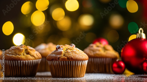Close up shot of christmas muffins with decorations and a blurred christmas background
