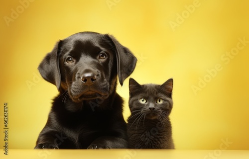 a dog with a cat on a yellow background. Pet concept. generative ai.