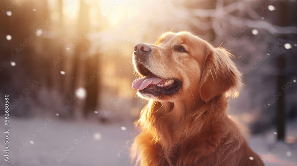 Portrait of a happy golden retriever head while it is snowing in a beatiful winter landscape
