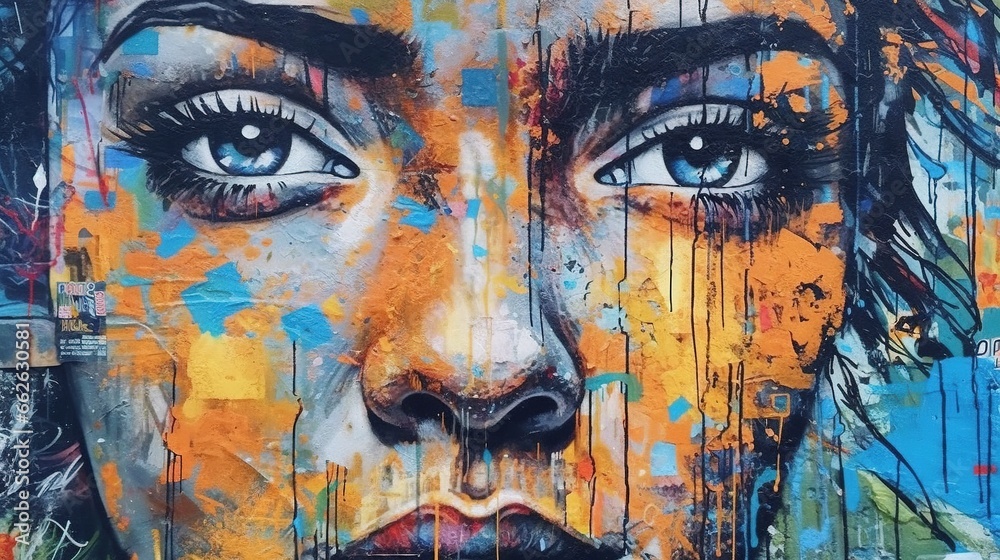 Urban street art, face of a girl. Fantasy concept , Illustration painting. - obrazy, fototapety, plakaty 