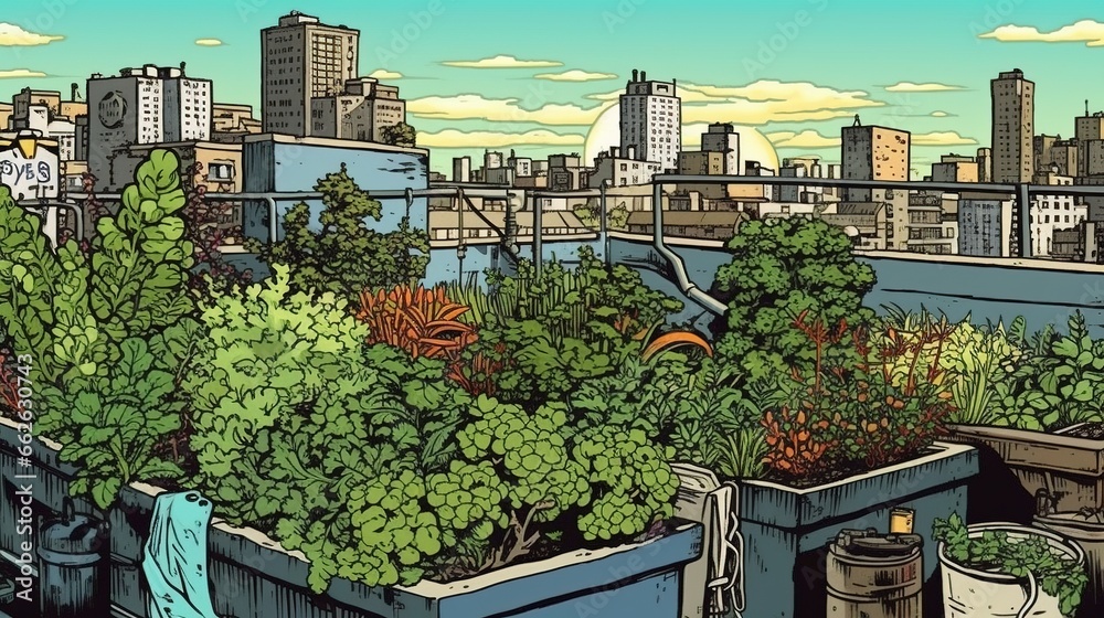 Fototapeta premium Urban rooftop gardening. Fantasy concept , Illustration painting.