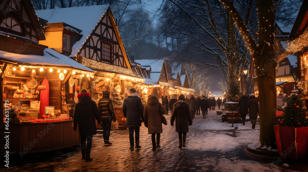 Bustling old-fashioned Christmas market with snowfall
