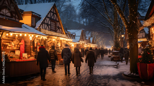 Bustling old-fashioned Christmas market with snowfall