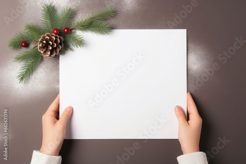 Woman hands with blank for writing wish list on a brown background with fir tree branch photo