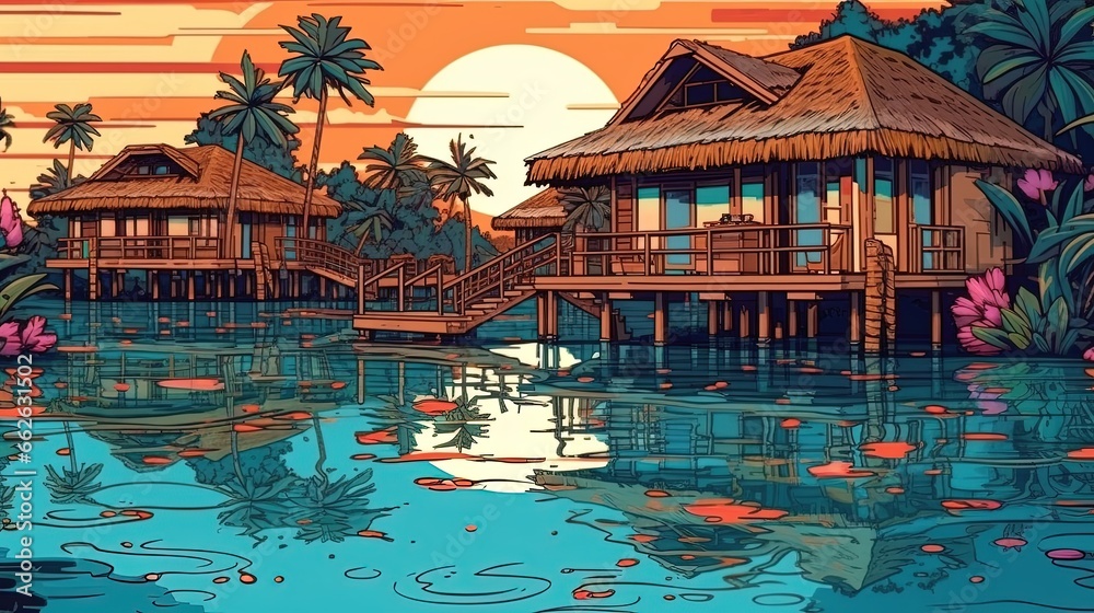Tropical resort with overwater bungalows. Fantasy concept , Illustration painting. - obrazy, fototapety, plakaty 