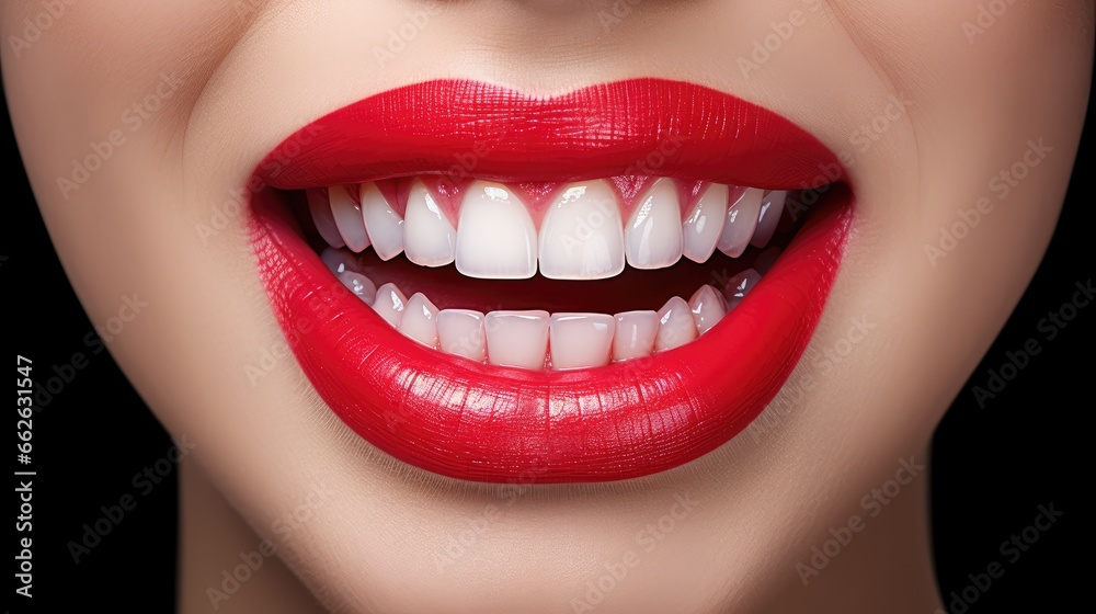 Fototapeta premium Beautiful female smile after teeth whitening procedure. Dental care. Dentistry concept.