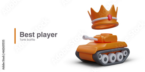 3d realistic tank and crown. Battles, warfare concept. Victory in the war, concept of the best player. Vector illustration with place for text and orange colors