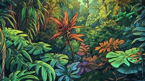 Tropical rainforest vegetation. Fantasy concept   Illustration painting.