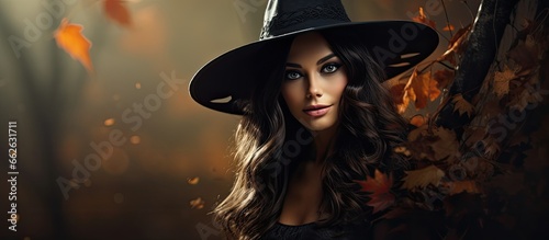 Dark forest witch beautiful young woman with witches hat Halloween artwork With copyspace for text