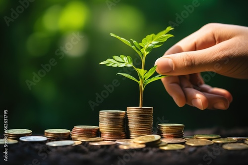 Hand putting coins on a stack with plant growing on the money with green background