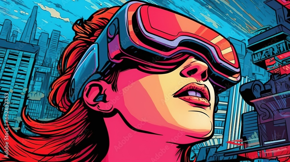 Portrait of a woman in a VR headset playing in a metaverse. Fantasy concept , Illustration painting.