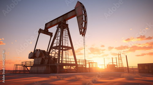 oil pump jack rig on desert, energy industrial for petroleum gas production photo