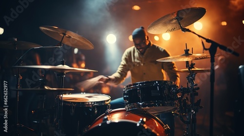 A musician holding a drum stick is playing a song. Music program. Concert stage background.