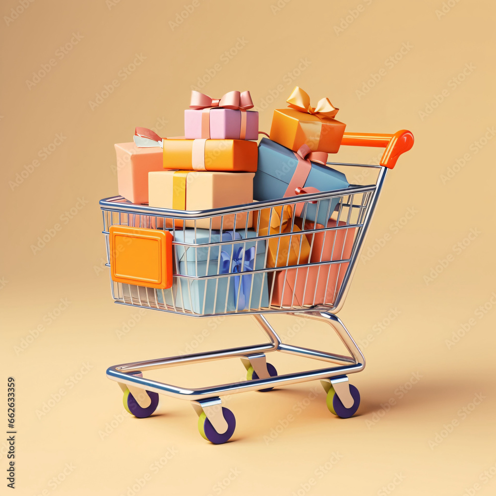 Double Eleven Shopping Festival, shopping cart filled with gift boxes, 3d shopping cart, online shopping concept.
