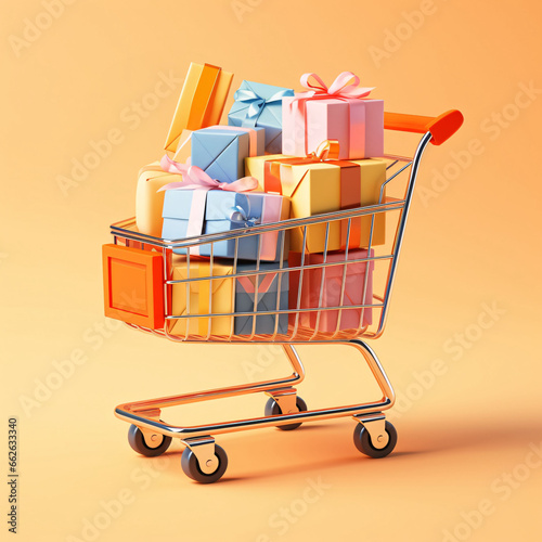 Double Eleven Shopping Festival, shopping cart filled with gift boxes, 3d shopping cart, online shopping concept.