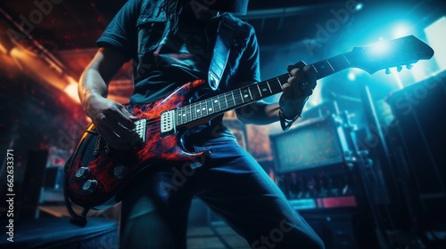 In video game style, musician holding guitar is playing music, concert stage background.