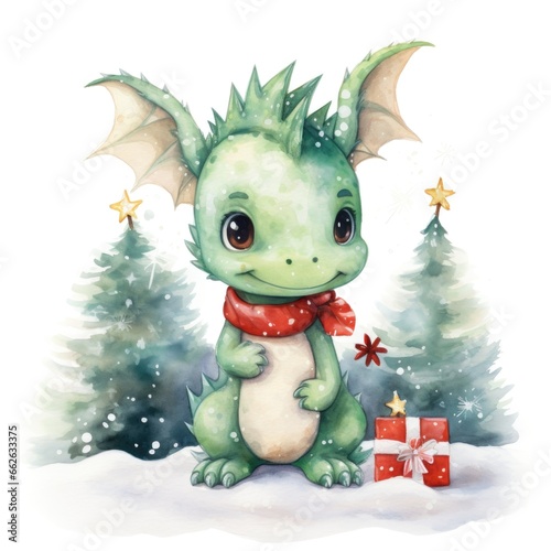 Fantasy watercolor christmas dragon with gift boxes. Symbol of the year 2024.