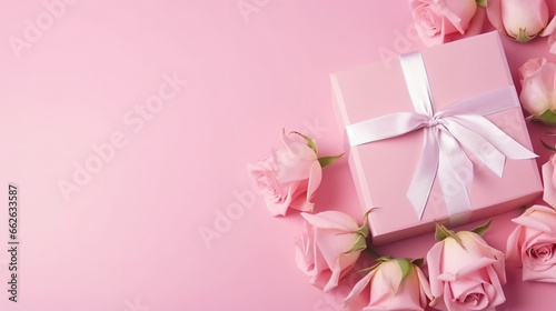 Rosebuds petals gift box on a pink background. Concept