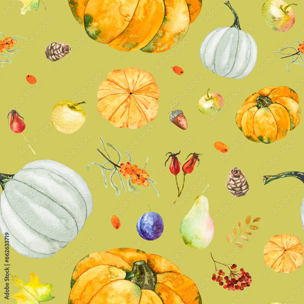 Seamless pattern of watercolor illustrations of Autumn pumpkins, leaves, apples, pear, acorn, Seamless pattern of watercolor illustrations of Autumn pumpkins, leaves, apples, pear, acorn,