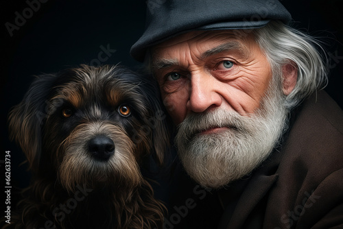 Man with beard and hat next to dog.