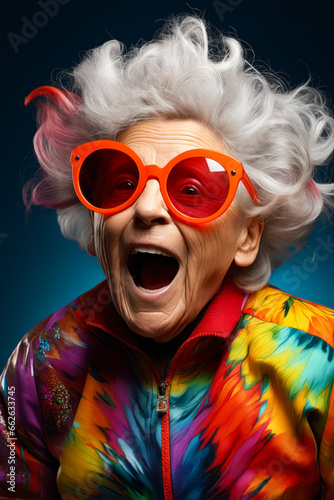 Woman with white hair and red glasses making funny face.