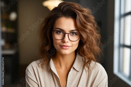 Woman with glasses is posing for picture in shirt.