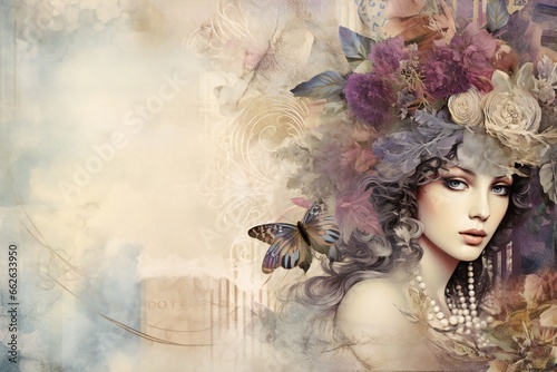 Stunning vintage boho woman background, in the style of collage like mixed media pieces, pastell tones, multilayered dimensions, timeless artistry Generative AI