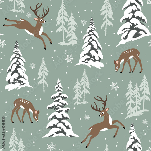 Seamless vector pattern with cute winter deer, snowy landscape with pine trees and snowflakes. Hand drawn illustration artwork. Perfect for textile, wallpaper or print design.