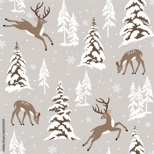 Seamless vector pattern with cute winter deer  snowy landscape with pine trees and snowflakes. Hand drawn illustration artwork. Perfect for textile  wallpaper or print design.
