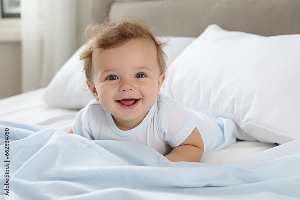 Cute newborn boy in a white cloth lying in a bed in a bright bedroom. Happy baby under blanket Cute newborn boy in a white cloth lying in a bed in a bright bedroom. Happy baby under blanket