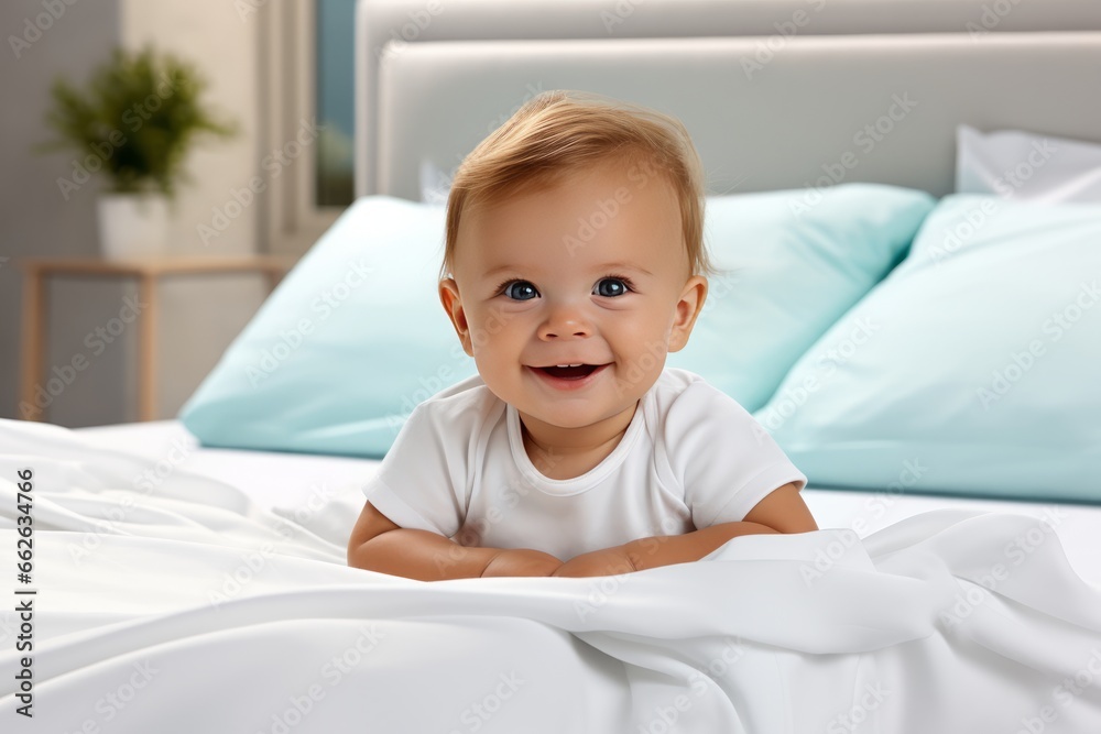 Cute newborn boy in a white cloth lying in a bed in a bright bedroom. Happy baby under blanket Cute newborn boy in a white cloth lying in a bed in a bright bedroom. Happy baby under blanket