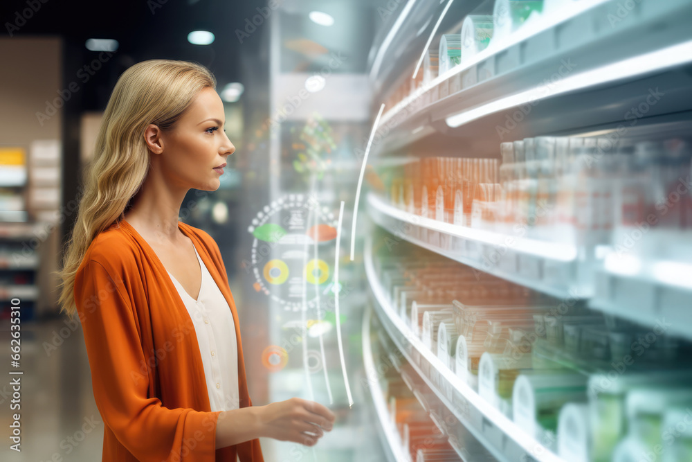 Futuristic Grocery Shopping - Augmented Reality Screen Showing Nutrition Details and Information - Future of Shopping - AI Generated