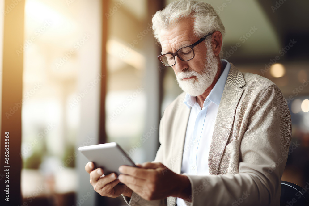 Eldertech Usage - Senior man navigating a modern tablet against a soft-lit backdrop - Bridging the digital age gap - AI Generated Eldertech Usage - Senior man navigating a modern tablet against a soft-lit backdrop - Bridging the digital age gap - AI Generated
