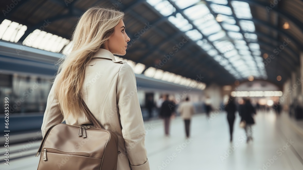 A Fashionable Asian woman holding a small bag waiting for the train at the station, modern and comfortable train station full of passenger amenities.