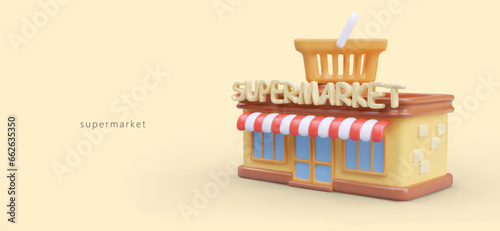 Realistic supermarket advertising concept. Building with giant shopping cart. Time to shop. Vector template for web design. Header, flyer, banner layout