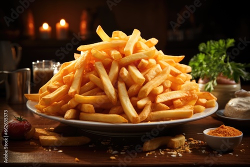 French fries in a bowl on a wooden background