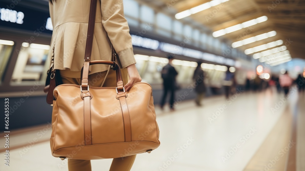 Fototapeta premium A Fashionable Asian woman holding a small bag waiting for the train at the station, modern and comfortable train station full of passenger amenities.