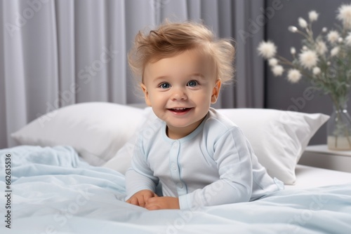 Cute newborn boy in a white cloth lying in a bed in a bright bedroom. Happy baby under blanket
