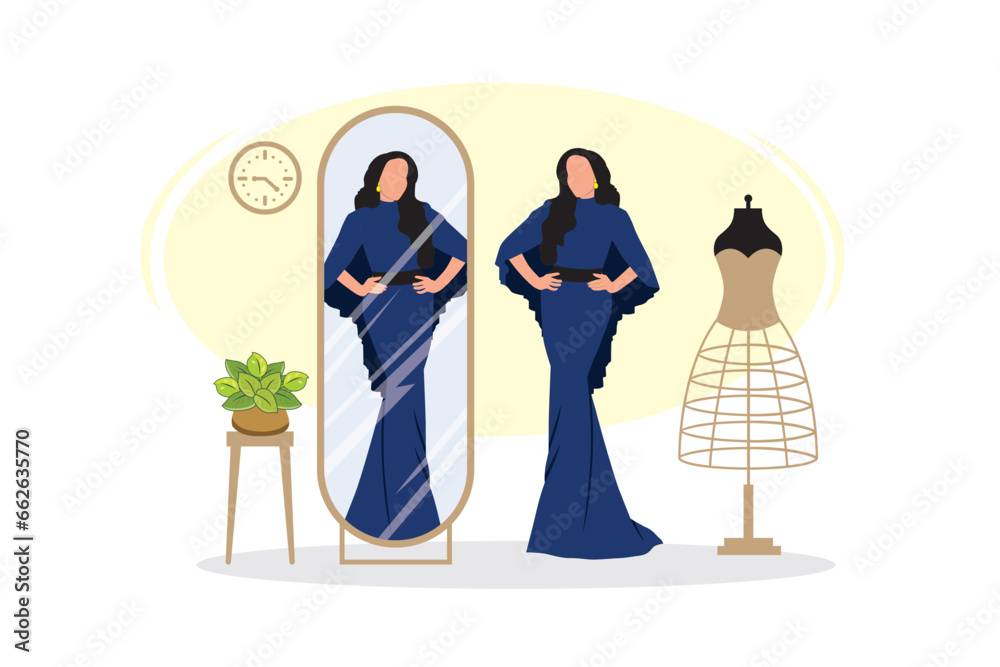 Fashion store concept. Vector illustration in flat cartoon style. Woman standing near the mirror.