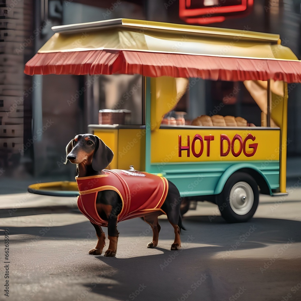 A dachshund dressed as a hot dog vendor with a tiny food cart and