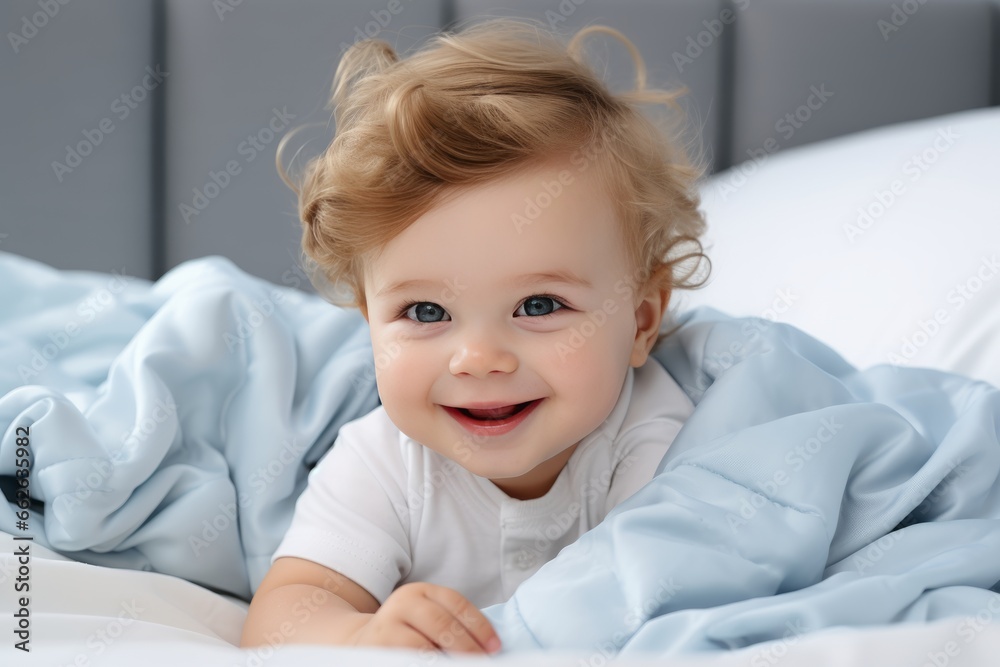 Cute newborn, smiling boy in a white cloth lying in a bed in a bedroom, with a light blue interior. Cute newborn, smiling boy in a white cloth lying in a bed in a bedroom, with a light blue interior.
